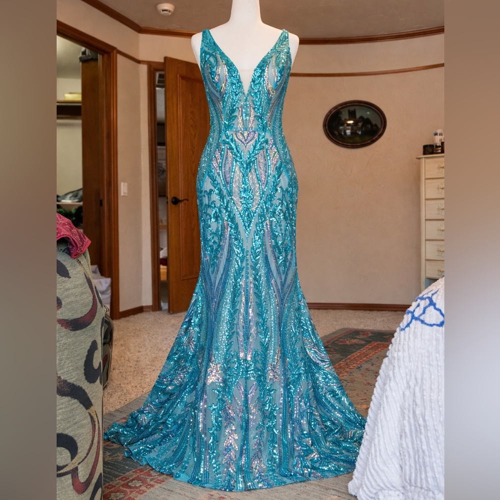 Jovani Teal Sequin V-Neck Mermaid Prom Dress